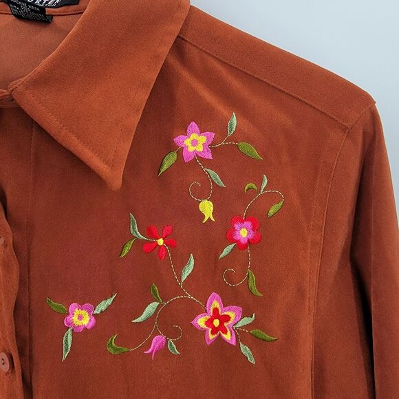 Courtenay Stretch Shirt Women's 6 Embroidered Button Up Faux Suede Brown - Picture 7 of 13